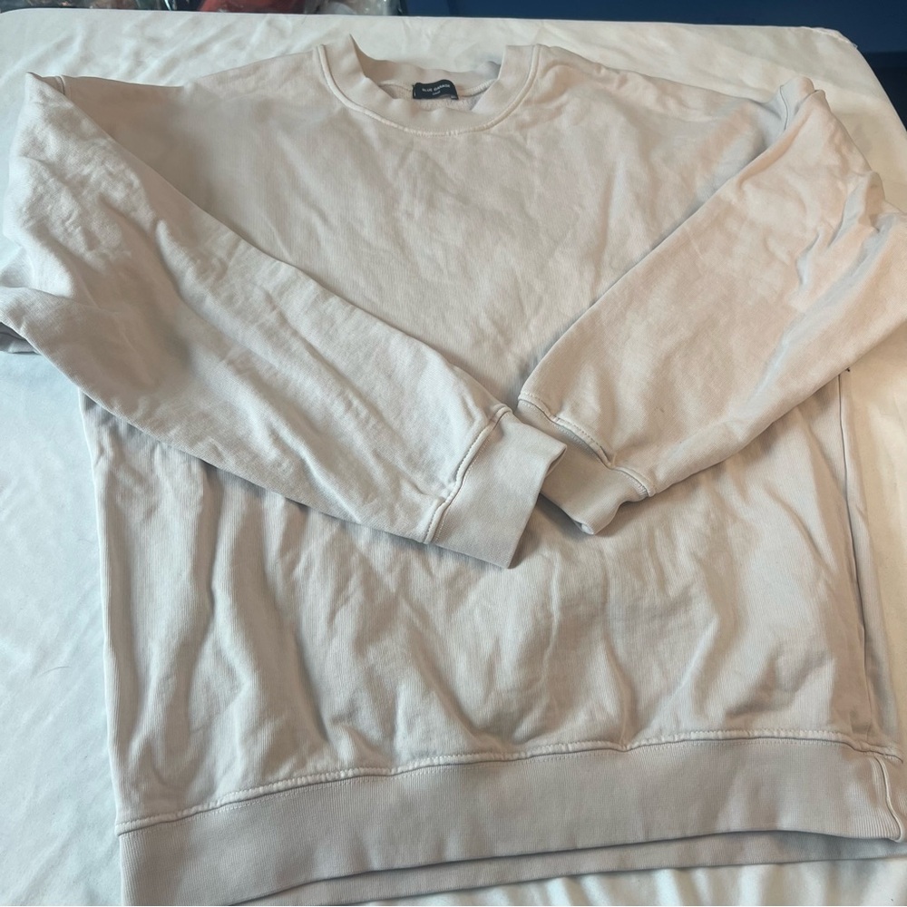 Blue Garage Cream Paris Embroidered Sleeve Sweatshirt Small Minimalist Crewneck